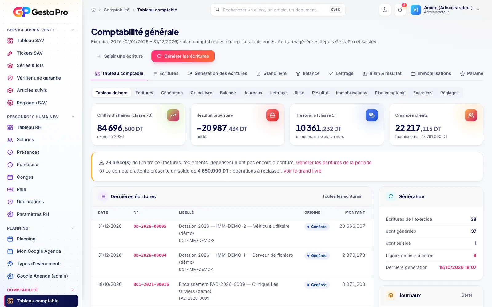 Tableau comptable de GestaPro : chiffre d'affaires, résultat, trésorerie, créances et dernières écritures