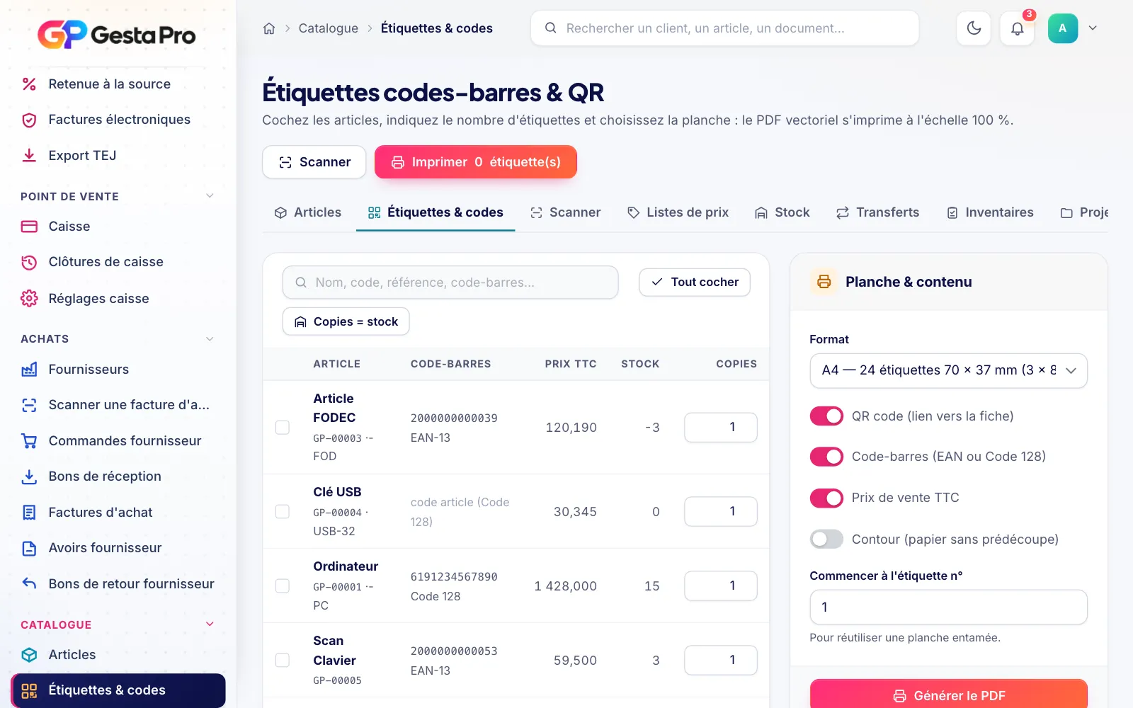 Étiquettes codes-barres et QR des articles dans GestaPro