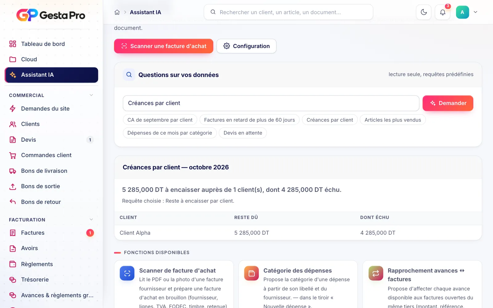 Assistant de données de GestaPro : question en français et tableau des créances par client