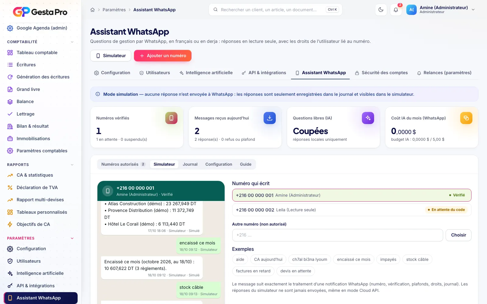 Simulateur de l'assistant WhatsApp de GestaPro : questions sur le chiffre d'affaires, les encaissements et le stock