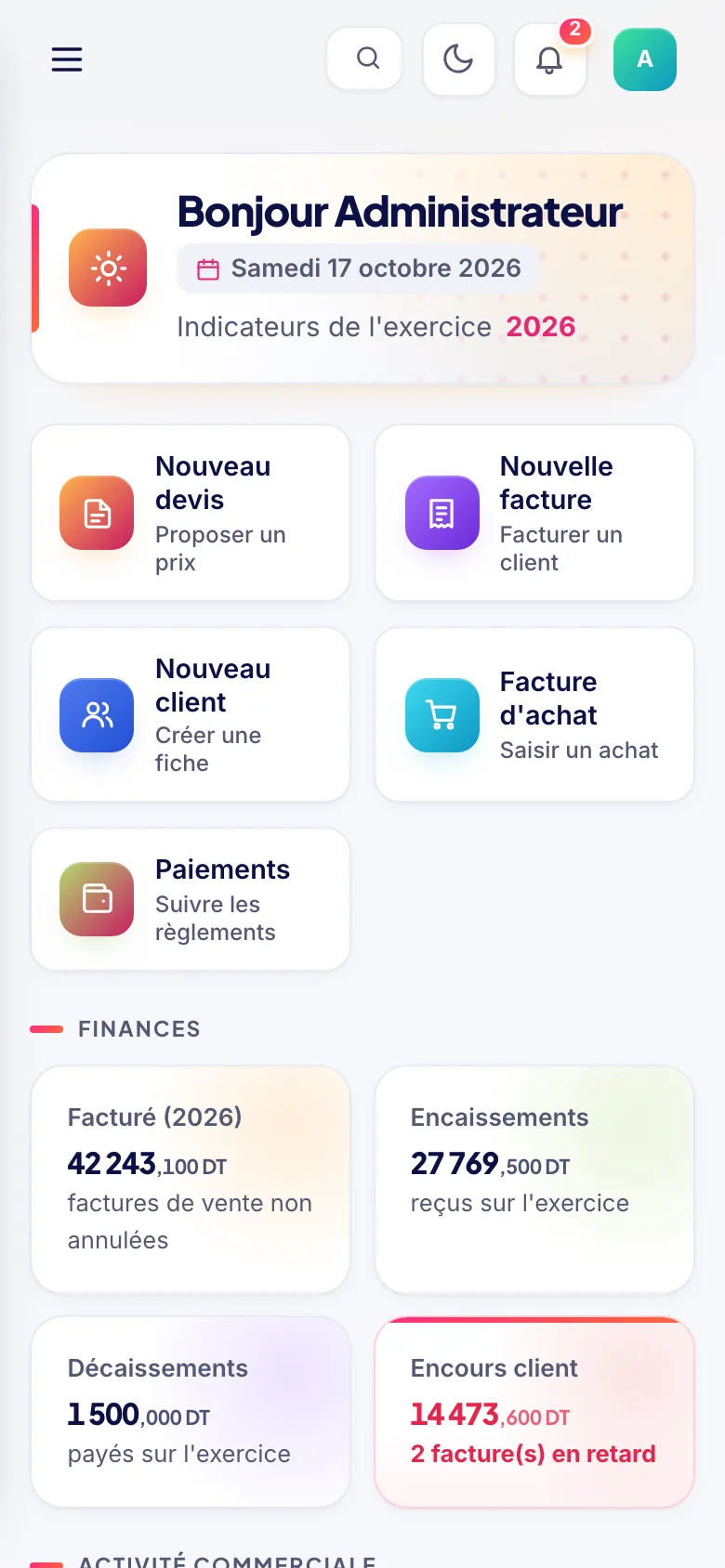 Tableau de bord de GestaPro sur téléphone