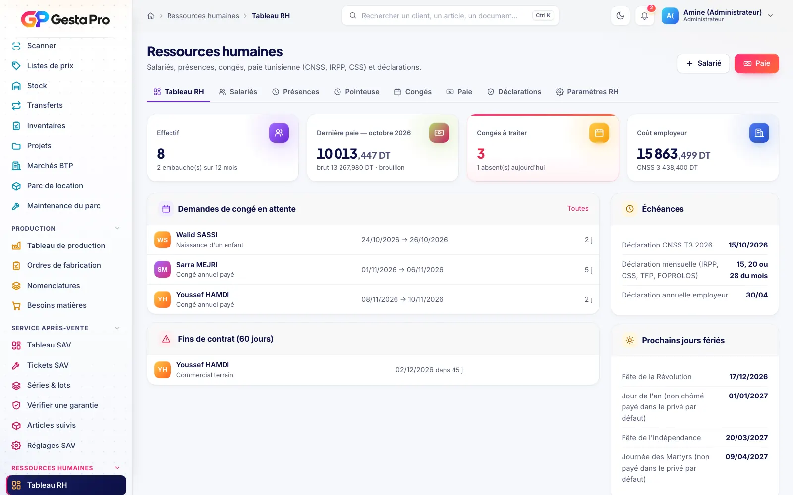 Tableau RH de GestaPro : effectif, dernière paie, congés à traiter et échéances des déclarations
