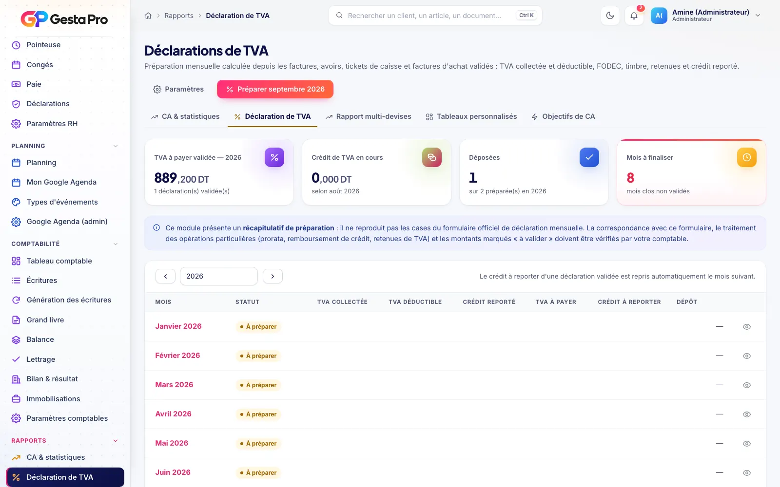 Déclarations de TVA mensuelles préparées dans GestaPro depuis les documents validés
